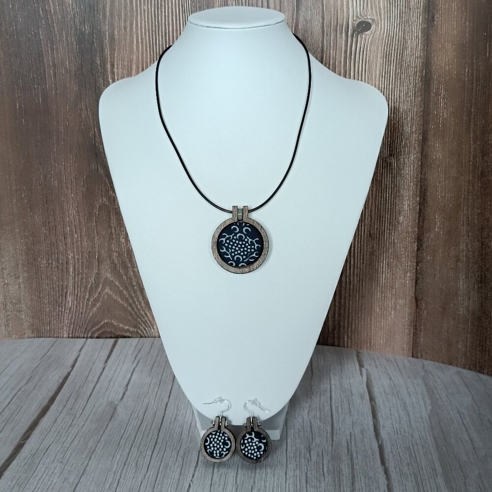 "Drago" Industrial Indigo "Modrotlač" Necklace & Earrings-Wood & Chrome Accent.